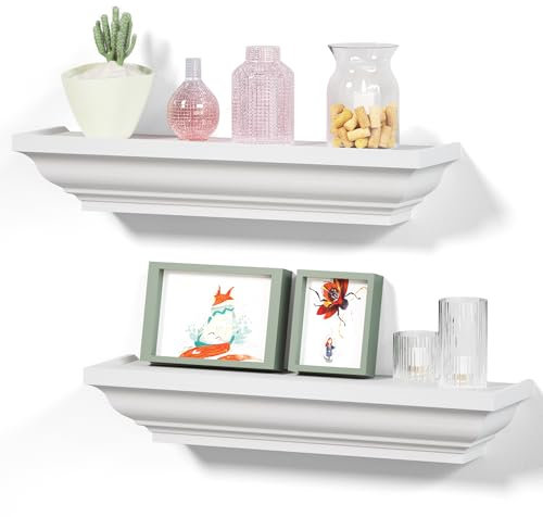 Alsonerbay Schweberegal Wandregal Weiß Regal Wand 2er Set, Wandregal Holz Küche 43x10x7.5cm Wandboard Bilderleiste Weiss Bücherregal für Schlafzimmer Wohnzimmer Badezimmer