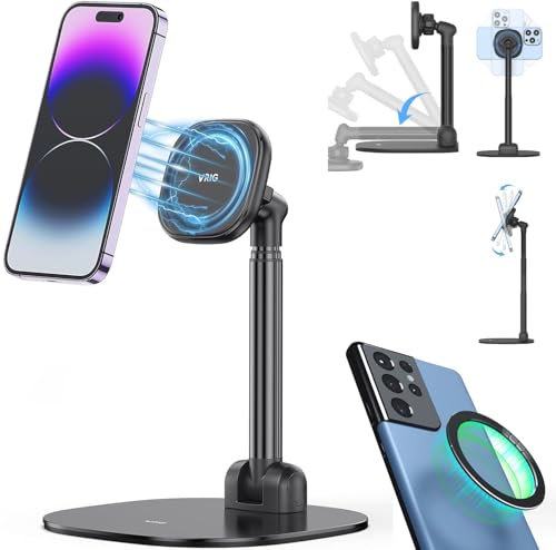 VIDIFY Sturdy Metal Height Adjustable iPhone Stand for Desk Magnetic iPhone Stand for Video Recording, iPhone Holder for Desk, iPhone MagSafe Stand for iPhone 15 (Pro Max Plus)/14/13/12 22cm to-36cm