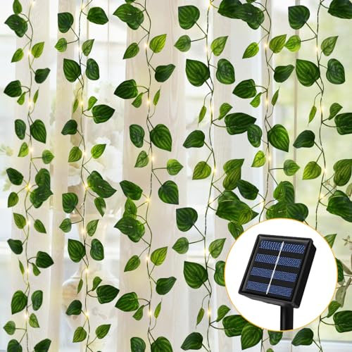 Catena Luminosa Solare Esterno, 12m 100 LED Edera Finta Catena Luci, 8 Modalità Edera Artificiale Luci Giardino Esterno Impermeabili, Decorazioni Giardino per Balcone Matrimoni Cortile Feste Natale