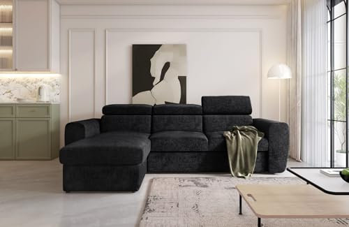 Easy4You Ecksofa Napoli L-Form Schwarz – 271x86x170 cm - Schlafsofa mit Bettkasten und Schlaffunktion - Eckcouch mit Stauraum - Verstellbare Kopfstützen – Stoff Trenza 01