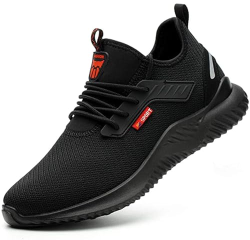 JACKSHIBO Arbeitsschuhe Herren Damen Arbeitsschutzschuhe Leicht Sicherheitsschuhe Stahlkappenschuhe Atmungsaktiv mit Stahlkappe Schwarz, 45EU