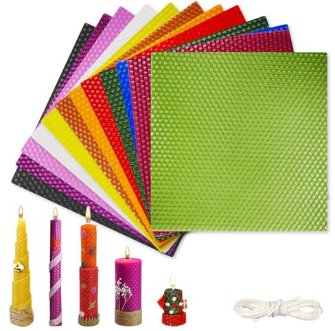 Hojas de Cera de Abeja 20x20cm 12 Unidades, Fabricación Casera de Velas de Cera de Abeja, Láminas de Cera de Abeja para Adultos y Niños, Manualidades Navideñas, Cera para Velas, Arte con Cera