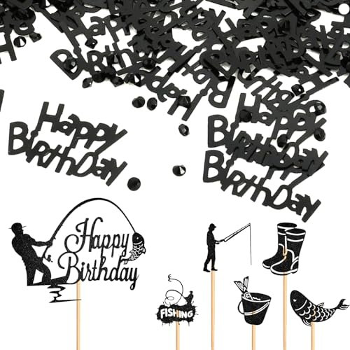 6 Pieces Fishing Cake Inserts, 1 Pack Birthday Confetti, Fishing Themed Birthday Cards, Diy Cupcake Inserts, Glitter Fishing Inserts, Fishing Party Decorations
