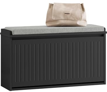 SoBuy Schuhschrank Schuhbank mit Sitzfläche, Schuhregal mit Stauraum, Klappe, Sitzkissen, bis 155 kg belastbar, für Flur, Wohnzimmer, 80x45x26 cm, Schwarz, FSR98-L-SCH