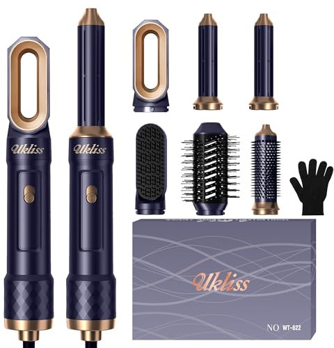 UKLISS Air Styler 6 en 1, Secador Pelo Profesional con rizador pelo ondas, plancha pelo, hair dryer, Thermal Brush, Automático Rizado de Aire, Hairstyler cepillo secador Regalos para Mujeres (Azul)