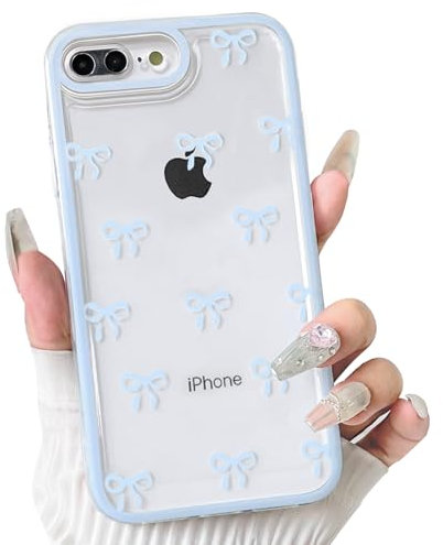NITITOP Compatible with iPhone 7 Plus / 8 Plus Case Cute Clear Blue Durable Ribbon Bowknot Pattern for Girls Women Soft TPU Transparent Full Camera Lens Shockproof Protective Phone Cover - Blue