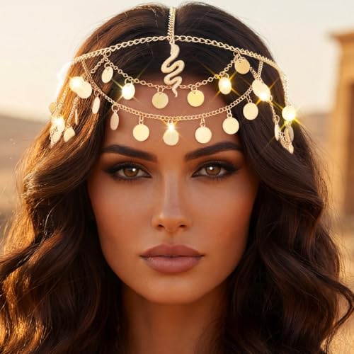 Zoestar Boho-Pailletten-Kopfkette, goldfarben, Schlangenhaarkette, Kopfschmuck, Festival-Kostüm, Haarschmuck für Damen