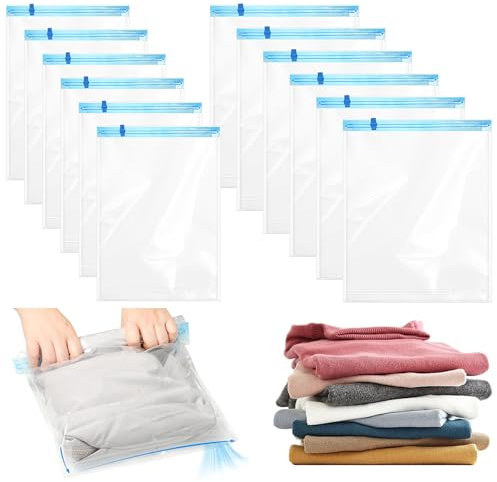 12 Pack Reusable Roll Up Vacuum Storage Bags, Manually Medium Vacuum Bags for Travel, Suction Bags for Storage, No Pump or Vacuum Needed(6PCS 35X50cm, 6PCS 40X60cm)