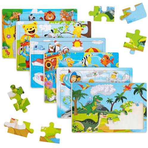 Funsland Wooden Puzzles for Kids 3 4 5 Year Olds - 6 Packs 30 Piece Children Jigsaw, Wooden Jigsaw Dinosaurs, Animals, Fish, Penguins, Spaceship, Infant Fine Motor Skill Montessori Puzzle Toys Gifts