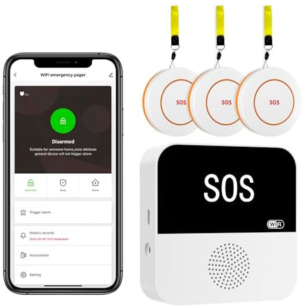 PILSAMAS 3er Pack WiFi Samrt Notrufknopf für Senioren auf Handy, 150M Kabellos Senioren Notruf, Pager Rufsystem, Hausnotruf Senioren mit APP Mobile Alerts, Ton-Licht-Alarm Notfallknopf für Senioren
