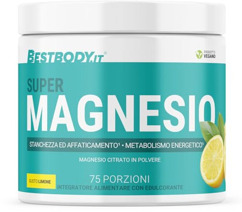 BestBody - Super Magnesio - Magnesio Citrato in polvere, Contrasta stanchezza ed affaticamento, Supporto al metabolismo energetico ed all'equilibrio elettrolitico, Gusto Limone, 300g