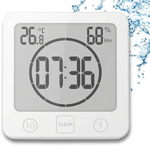 Horloge de Salle de Bain,Minuterie de Douche Numérique à Ventouse,Horloge de Douche étanche avec Hygromètre et Thermomètre,Fonction Compte à rebours, Alarme Numérique LCD,pour Cuisine Maquillage-Blanc