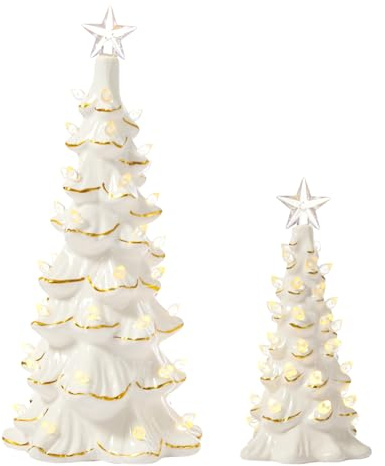 DN DECONATION Keramik Weihnachtsbaum mit Licht 2er Set Creme-Weiße Tischdekoration mit Goldakzenten Beleuchtete Weihnachtsbäume für Zuhause Büro Kaminsims