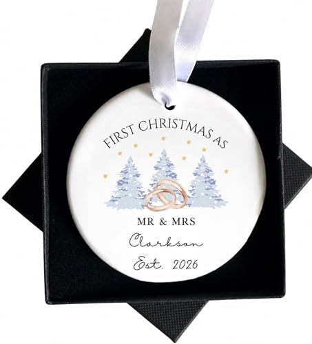 UNIQUEPGIFTS First Christmas as Mr and Mrs Bauble, 1st Xmas Married 2026 | Personalised Wedding Gift, Christmas Tree Decoration, New Husband and Wife Ornament
