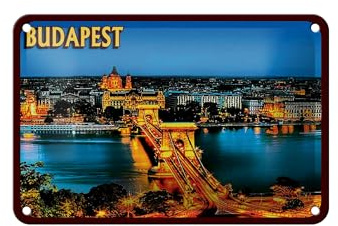 Femer Blechschild Reise 12x18 cm Budapest Ungarn Brücke bei Nacht Deko Schild