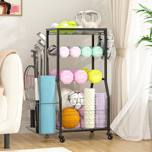ThreeHio Home Gym Storage Rack, Hantel Rack with Yoga Mat Storage, Weight Rack Stand with Lockable Wheels and Hooks, Home Workout Equipment Organizer for Yoga Mate, Hantel, Kettlebells, Ball Storage