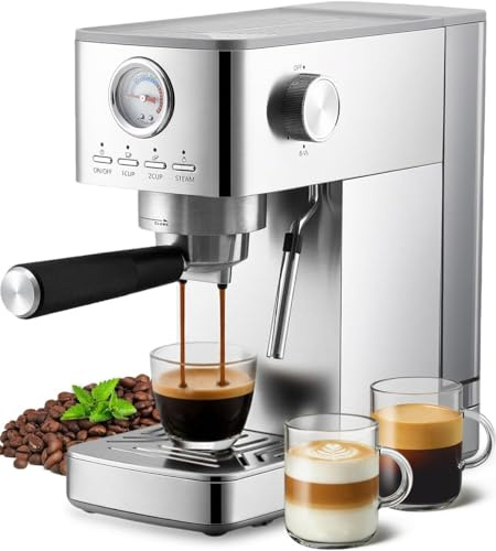 Garvee Cafetera Espresso 15 Bar de Acero Inoxidable – Sistema Thermoblock Calentamiento Rápido – Espumador de Leche para Capuchino y Latte – Depósito 1,4L – Diseño Compacto para Casa y Oficina