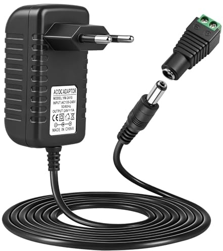 Snugloo 24V 1A Fuente de Alimentación con 5.5x2.1mm DC Conector | Transformador AC 100-240V Adaptador Universal, 24W Cargador para Tiras LED, Cámara CCTV, Conmutador PoE, Cable 1.5M, Negro