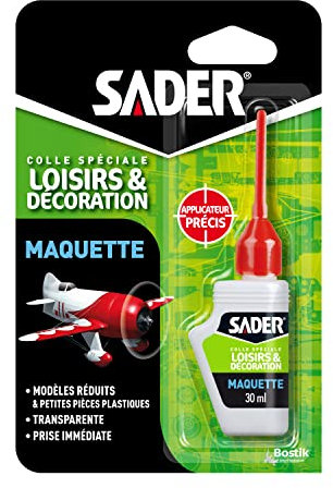 Sader Colle Maquette – Modèles Réduits et Petites Pièces Plastiques – Colle Spéciale Loisirs et Décoration – Prise Immédiate – Couleur : Transparente – Flacon 30 ml
