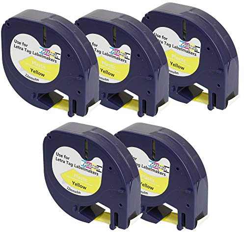 PRESTIGE CARTRIDGE 5 x Kunststoff-Etiketten 91202 S0721620 S0721670 schwarz auf gelb (12mm x 4m) kompatibel für DYMO LetraTag LT110T, LT100H, LT100T, QX50, XR, XM, 2000, standrd, 12mm_DLT91202five