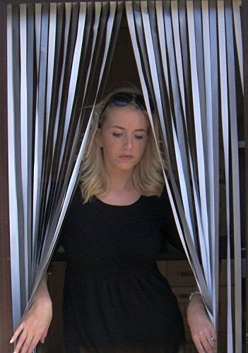 Heavy Duty Bug & Fly Blind - Strip Blind for Door - 'WHITE/SILVER' - 100 cm/One Metre Wide - Complete with Self Adhesive Fitting Hooks