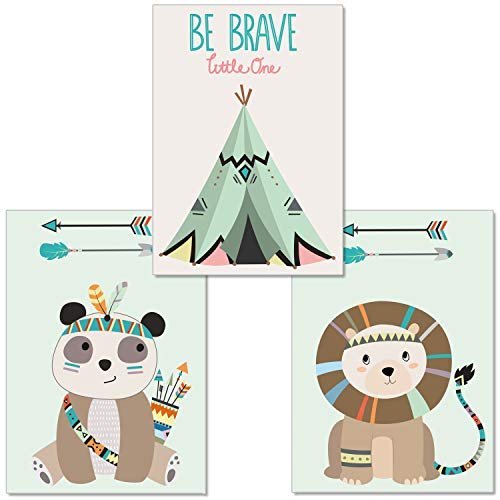 artpin® 3er-Set Poster Kunstdruck für Kinder, von Künstlerin - Dekoration für Babyzimmer, Kinderzimmer - im skandinavischen Stil - A4 Bilder für Mädchen Junge - Wandbild - Löwe,Zelt,Panda(P12)