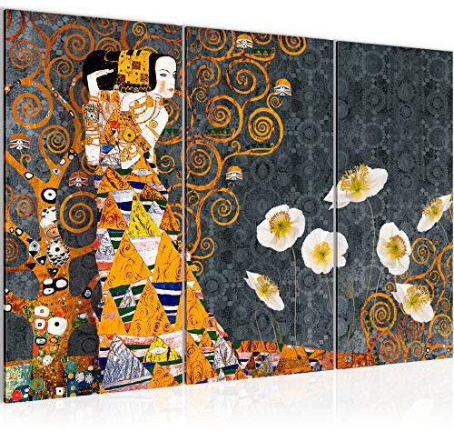 Runa Art Gustav Klimt Peinture Tableau Salon XXL Gris Jaune Arbre Femme 120 x 80 cm 3 Parties Decoration Murale 021431c