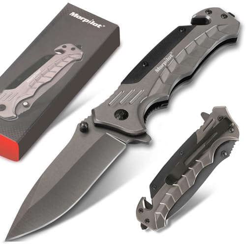 Morpilot Couteau de Poche Pliant Multifonction avec Brise-vitre et Coupe-corde, Couteau de Survie Lame Acier Inoxydable 3CR13 avec Liner-Lock pour Camping Chasse et Randonnée, Homme Cadeau