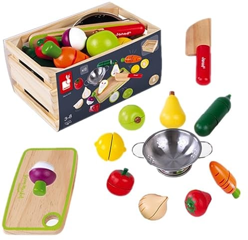 Janod - Holz Obst und Gemüse Spielset ‘Green Market’ - Marktkiste mit 9 Obst- und Gemüsesorten mit Holzbrett, Messer und Metallsieb - Holzspielzeug - Ab 3 Jahren, J06607