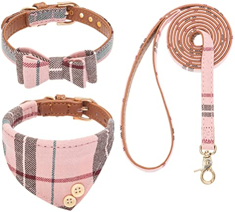EXPAWLORER Hundehalsband und Leine, Set – klassisch, kariert, niedliche Fliege und Bandana-Halsband, kein Verheddern, verstellbares Welpenhalsband und Leine für kleine, mittelgroße und große Hunde,