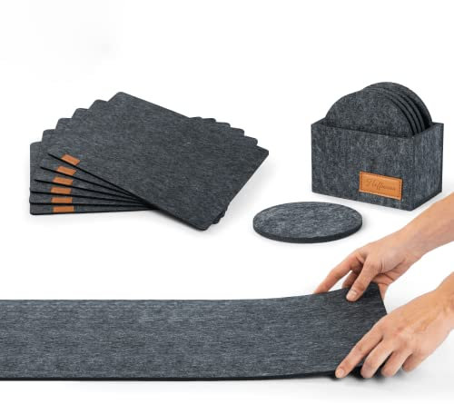 Tischset abwaschbar aus Filz anthrazit I 6 Platzsets, 10 Glas Untersetzer und Tischläufer im Vorteils-Set