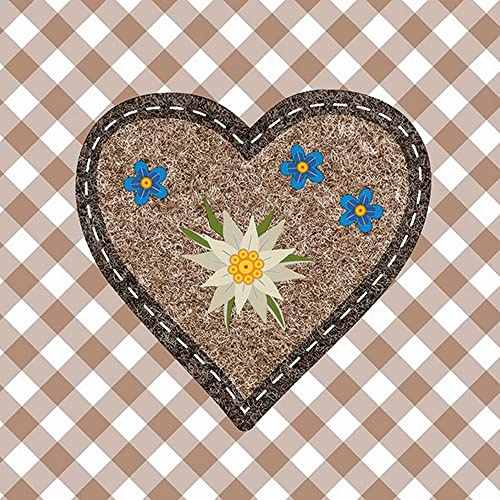 20 Servietten Edelweiss im Herz braun | bayrisch | Bayern | Oktoberfest | Tischdeko | Decoupage | Serviettentechnik 33x33cm