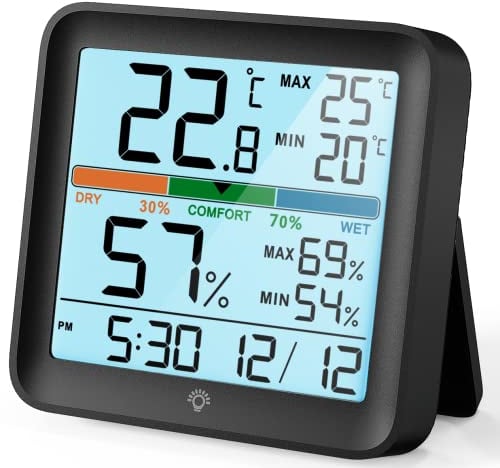 Noklead Termometro Igrometro Digitale-Misuratore Umidità Ambiente Monitor Accurato Della Temperatura Indicatore di Comfort Dell'Aria Luce Max Min Records,Nero