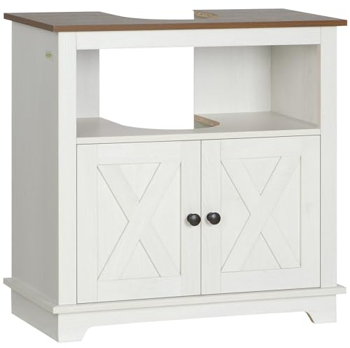 kleankin Mueble para Debajo del Lavabo de Madera Armario de Baño de Suelo Mueble Bajo Lavabo de Pie con 2 Puertas y Estante 60x30x60 cm Blanco