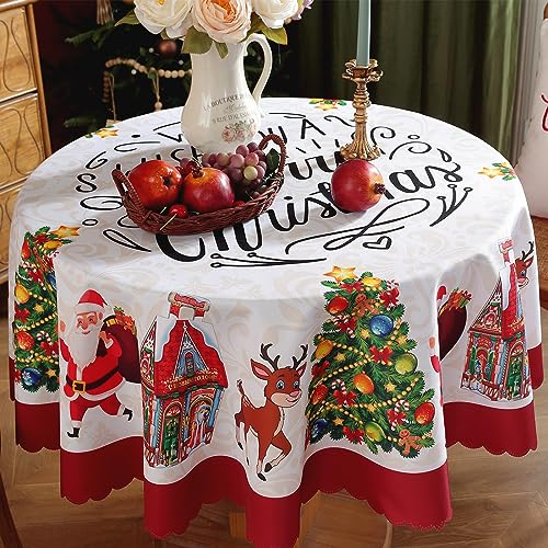 Weihnachten Tischdecke Rund Weihnachtstischdecke Rot 150cm Abwaschbar Polyester Tischdecke für Weihnachtsessen Deko Party Küchendekoration (Rot 1)