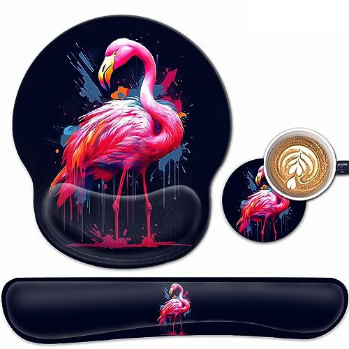 Tapis de souris ergonomique avec support de poignet et repose-poignet en mousse à mémoire de forme avec base antidérapante pour bureau à domicile, tapis de souris en gel noir, motif flamant rose