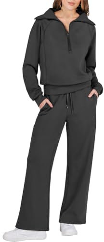 ORANDESIGNE Lounge Set Zweiteiler Damen Knopf Langarmshirt High Waist Weite Freizeithose Loungewear 2 Teiler Jogginganzug A Schwarz L