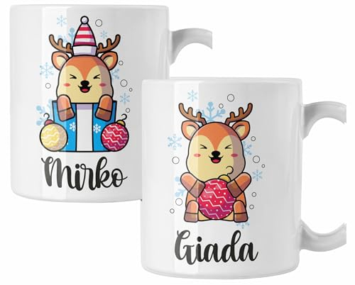 Coppia di tazze Natale Tazza Natalizia PERSONALIZZABILE con nome Renne Cartoon Christmas Mug 11 Oz Idea Regalo