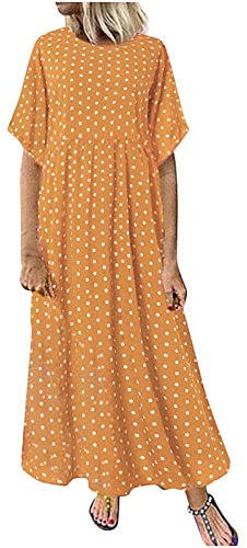 Robe Courte Moulante Vert Sapin Casual peinted Women Dot O-Neck Sleeve Dress Short Size Fashion Plus Women's Dress Robes Femmes Enceintes (Yellow, XL)