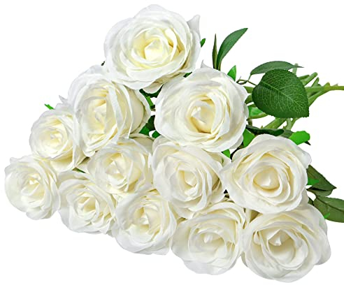 Woltoy 12 Pièce Roses Artificielles, Fleurs Artificielles Deco Blanches Fausses Roses Fleurs Artificielles en Soie Blanches pour Jardin, Fête de Mariage, Intérieur et Extérieur