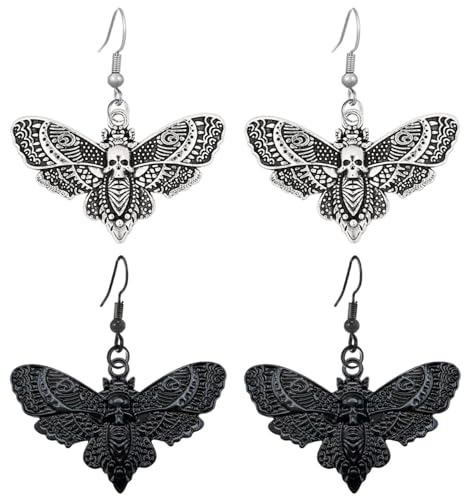 Kawailay 2 Pairs Gothic Moth Earrings Vintage Moth Butterfly Dangle Earrings Punk Rock Hip Hop Skull Drop Earrings for Women - Silver and Black