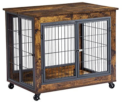 Loboo Idea Dog Crate Side Table Sliding Door, Heavy Duty Dog Crate Furniture for Large and Medium Dogs, Decorative Pet House End Table, Wooden Cage Kennel Furniture Indoor