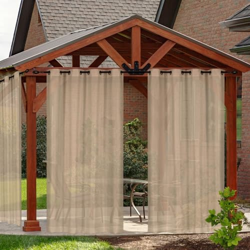 RCLONGEU Outdoor Vorhang Transparent Wetterfest mit Ösen (2 Stück) Voile Gardinen Vorhänge Für Balkon Terrasse Wasserdicht Sichtschutz Sonnenschutz (2x132*213CM,Khaki)