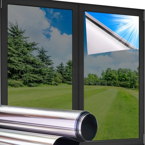 Coavas Einweg-Fensterfolie, reflektierend, für Zuhause, Glas, Spiegel, Tönung, nicht innen, Hitze, UV-blockierend, statische Haftung für Büro, Haustür, Tagesschutz, Silber, 74,9 x 400,1 cm