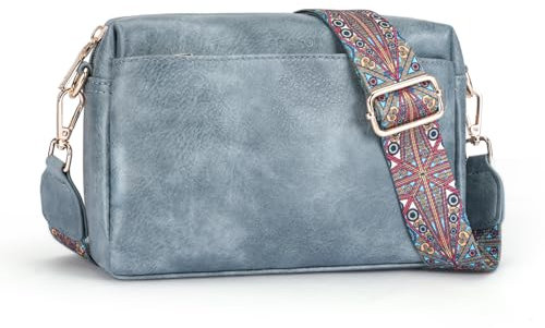 APHISON Umhängetasche Damen Klein blau Crossbody Bag mit Breitem Gurt Boho Schultertasche Veganes Leder Handtasche Tasche mit Abnehmbarem Schultergurt Kartenschlitz Reisetasche