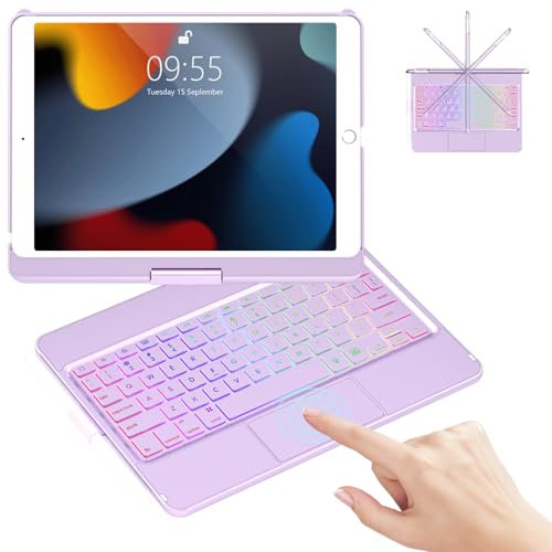 Keyboard Case for iPad 9th Generation 10.2 inch 2021, Multi-touch Trackpad & 7 Color Backlight & 360°Flip Hard-shell, Slim Keyboard Case with Pencil Holder, for iPad 9th/8th/7th Gen(Light Purple)