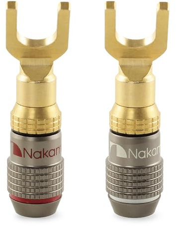 Nakamichi FanLock Excel Series 24k placcato oro connettore a forcella spina a banana 10 AWG - 18 AWG calibro 4mm per altoparlanti amplificatore Hi-Fi cavo connettore rapido, 2 pezzi (1 paio)