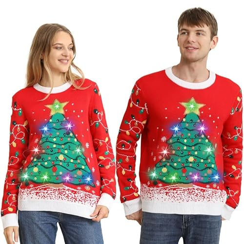 DDKJ Christmas Jumpers for Women Men UK,Light Up Christmas Jumper,Unisex Cute Red Christmas Tree Light Jumper,LED Lights Flashing Ugly Christmas Sweater,Best Rude Matching Xmas Sweaters for Couples