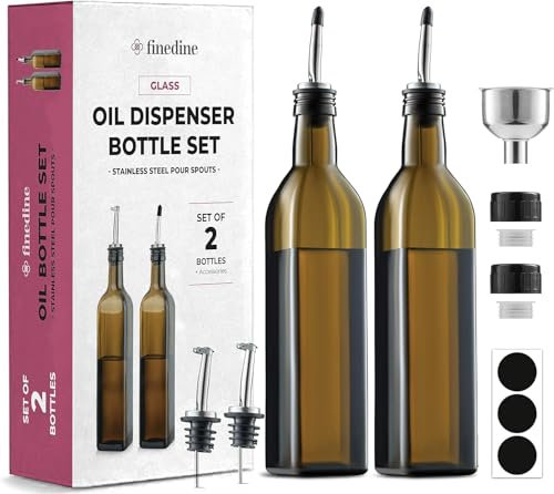 GARUET Olive Oil Dispenser Bottle Set - 500 ml Glass Kitchen Bottle with 4 Pouring Spouts, Funnel & Labels, for Oil and Vinegar - Reusable Airtight Leakproof Cruet (Amber Brown)