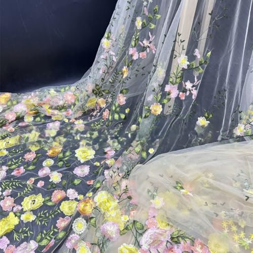 130 cm x 1 yard - Tissu en tulle brodé - Motif roses brodées - Tissu décoratif pour vêtements, couture, artisanat, tutu, mariage, décoration de vêtements - Jaune